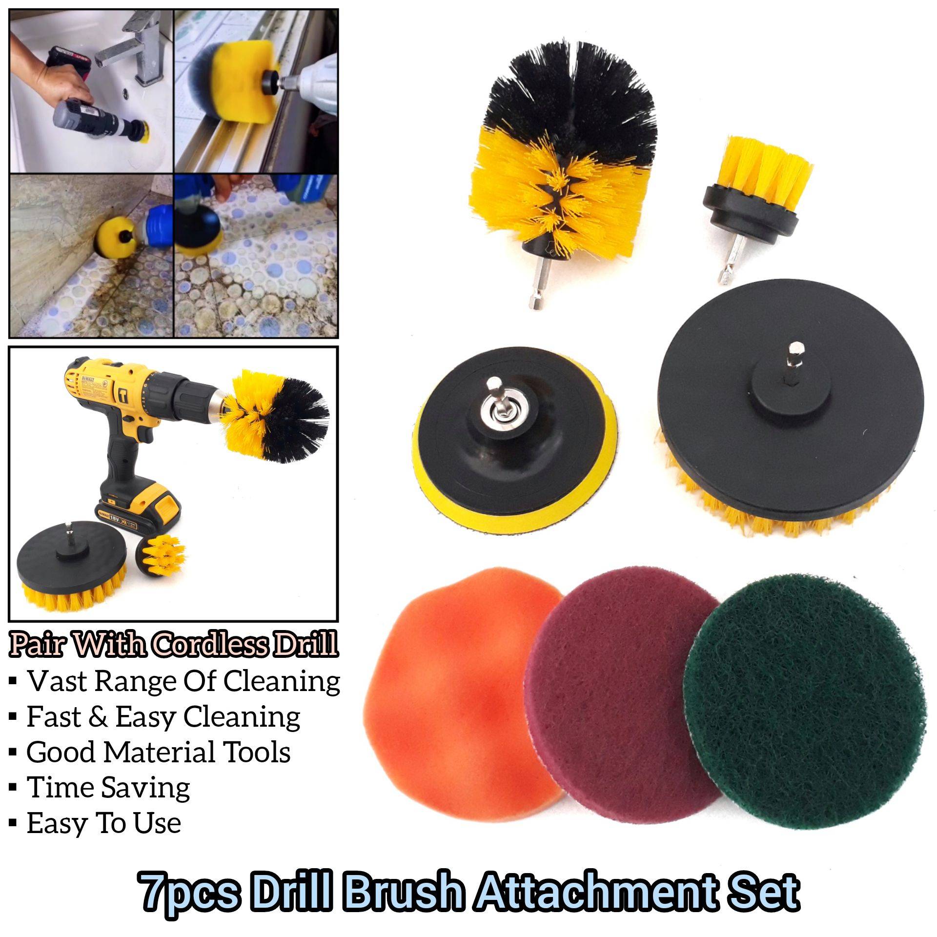 7PCS DRILL BRUSH ATTACHMENT SET FOR CLEANING PURPOSES USING CORDLESS DRILL