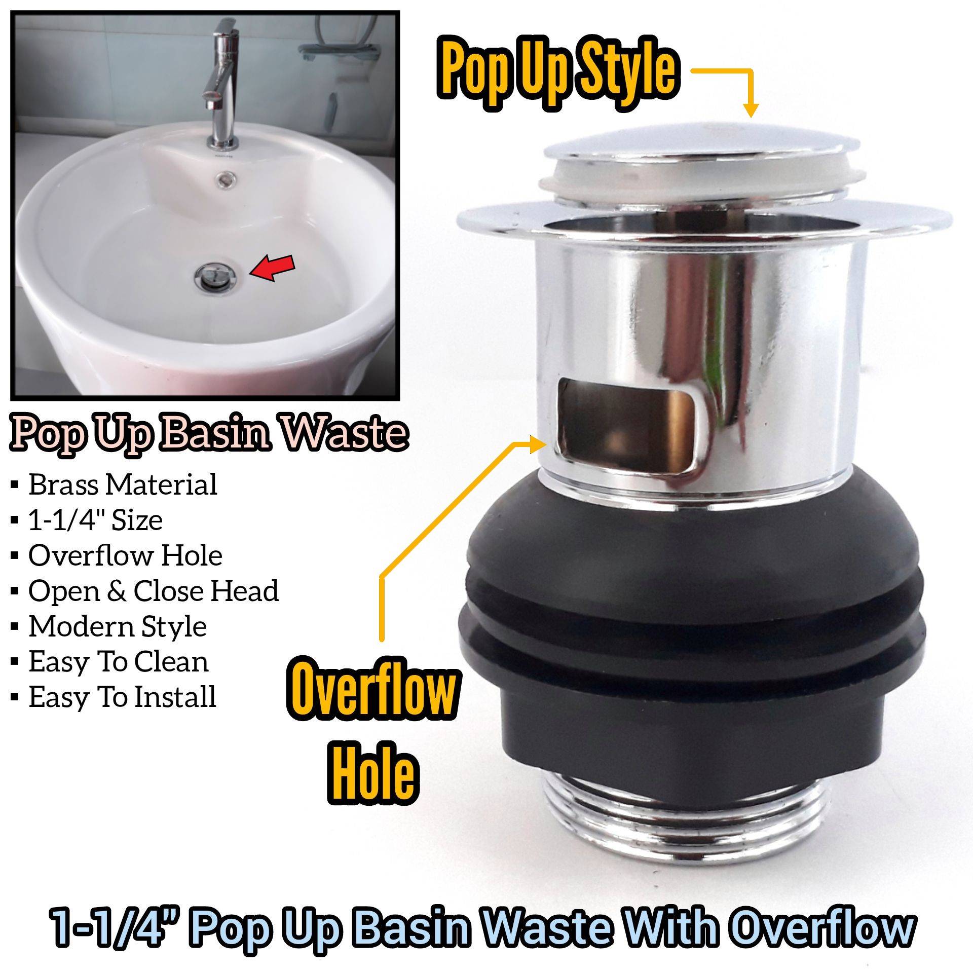 11/4 INCH POP UP BASIN WASTE WITH OVERFLOW HOLE FOR BASIN SINKS IN
