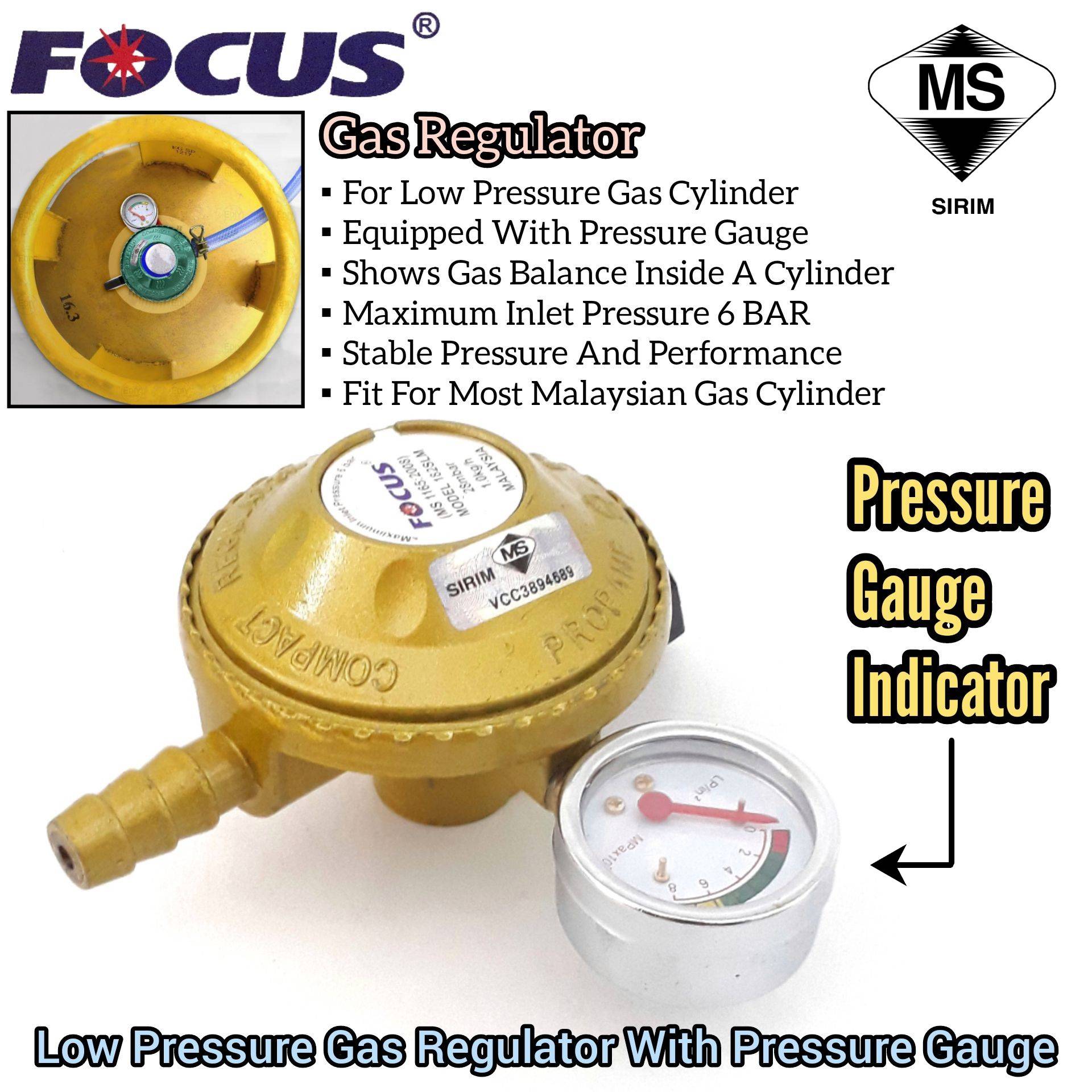 FOCUS LOW PRESSURE GAS REGULATOR WITH PRESSURE GAUGE INDICATOR