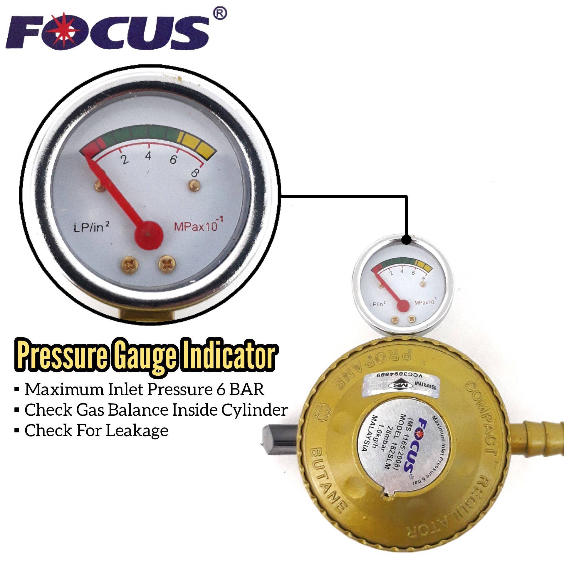 FOCUS LOW PRESSURE GAS REGULATOR WITH PRESSURE GAUGE INDICATOR