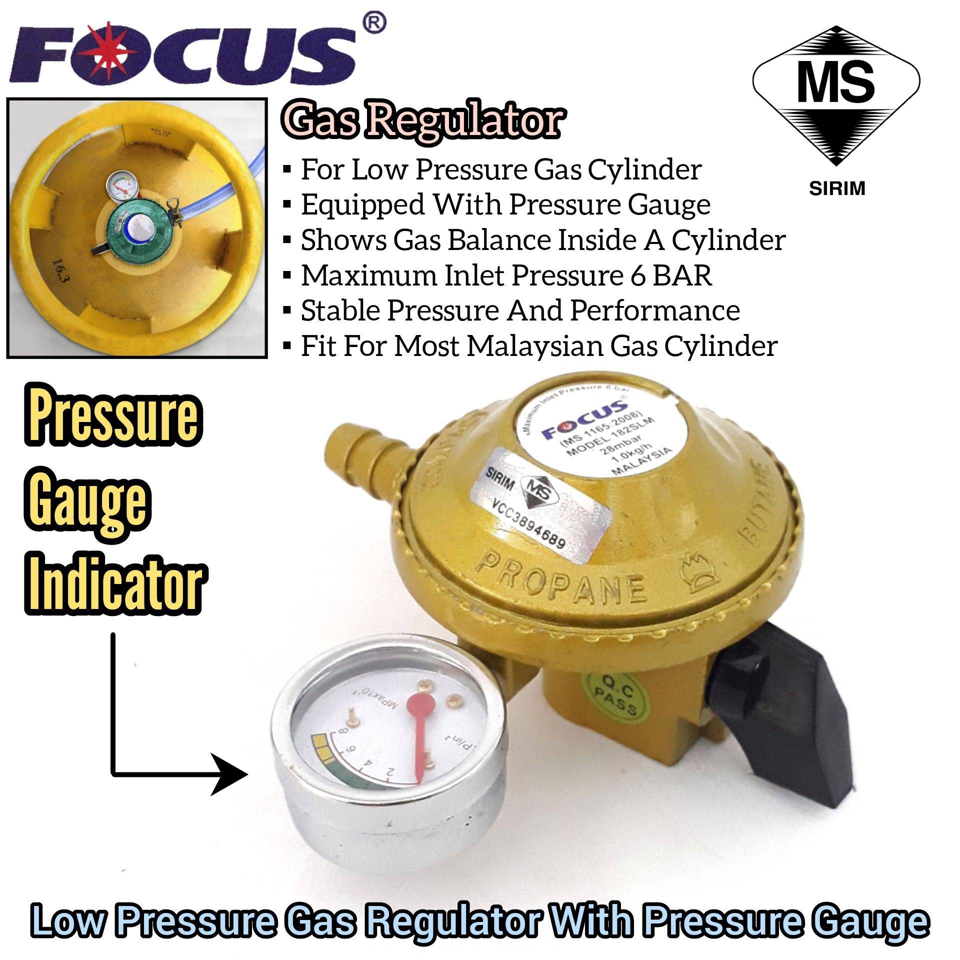 FOCUS LOW PRESSURE GAS REGULATOR WITH PRESSURE GAUGE INDICATOR