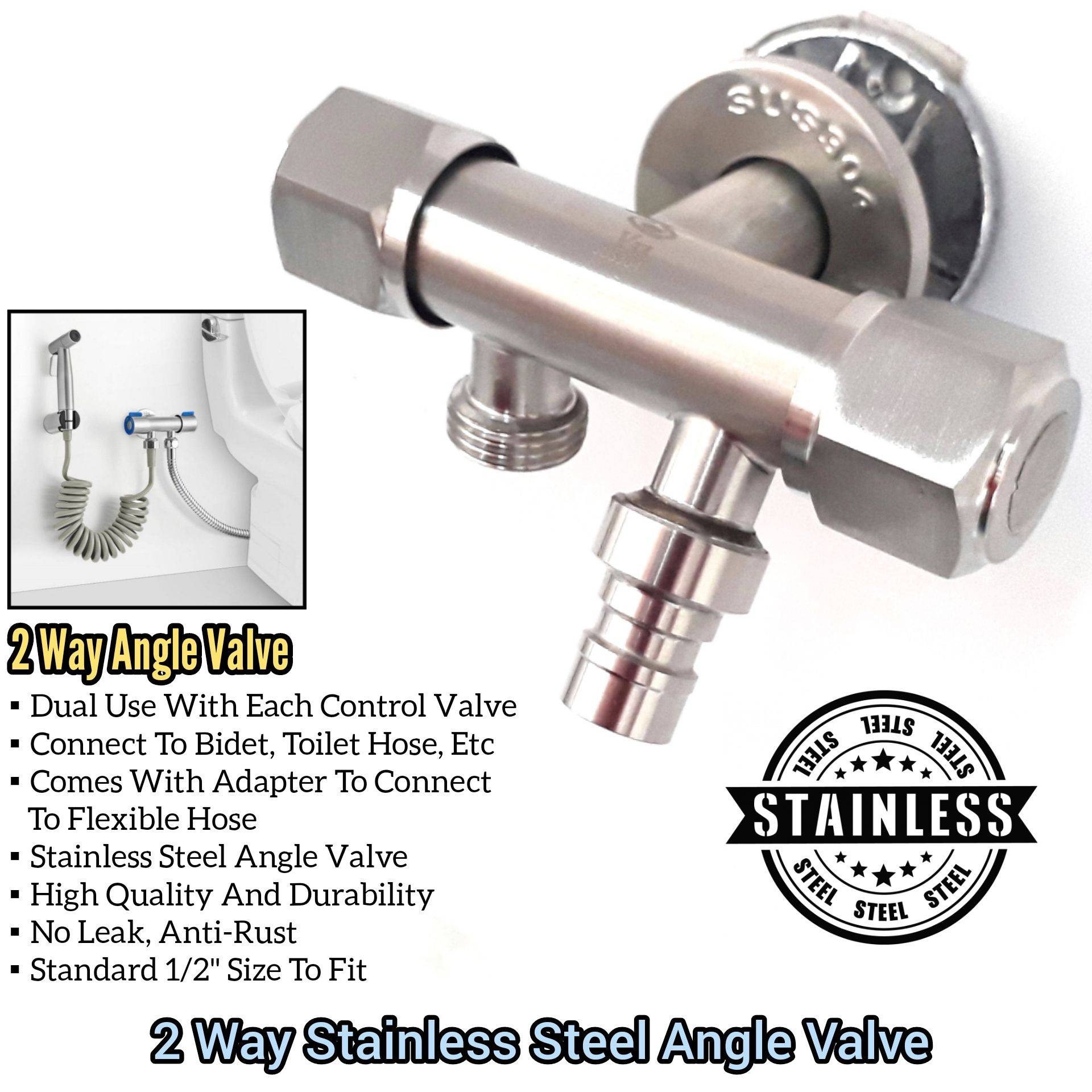 2 WAY STAINLESS STEEL ANGLE VALVE FOR BIDET SPRAY, TAP AND FLEXIBLE HOSE