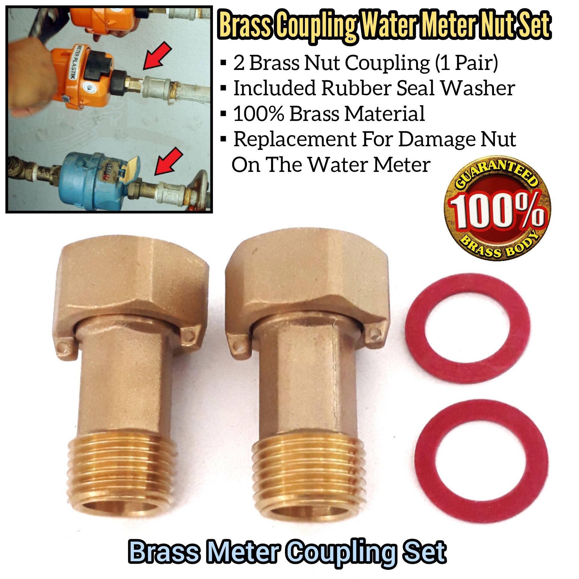 BRASS METER COUPLING SET FOR WATER METER FITTING NUT COUPLING