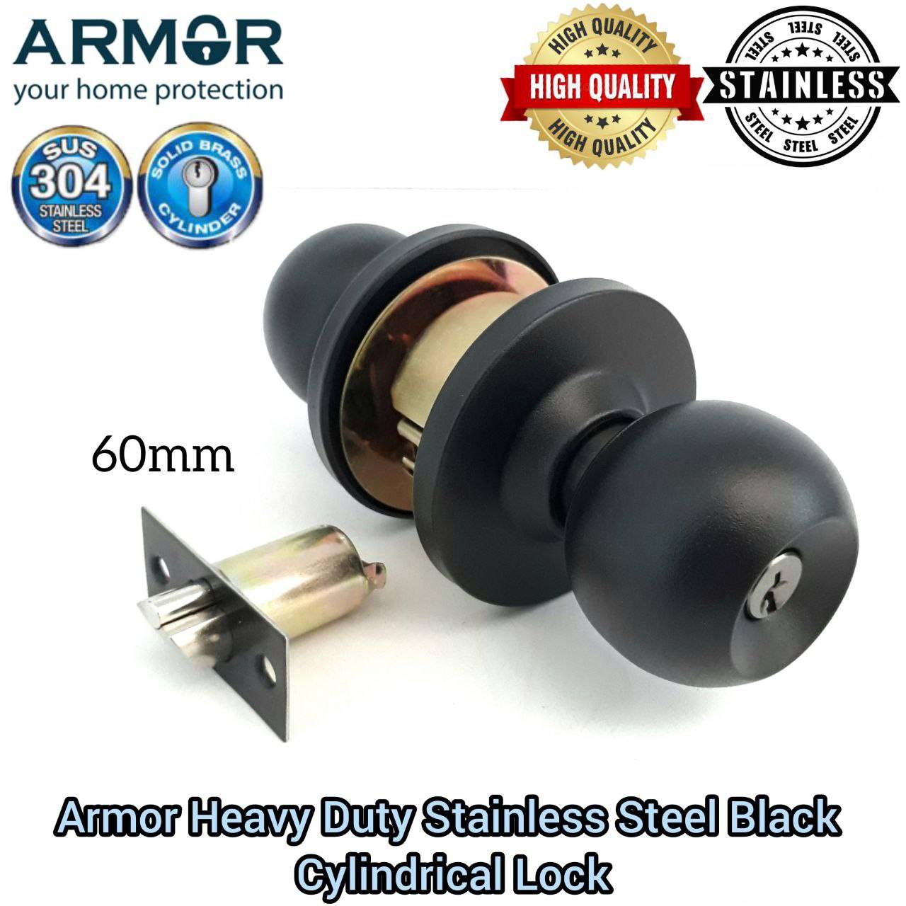 ARMOR HEAVY DUTY STAINLESS STEEL MATT BLACK CYLINDRICAL LOCK DOOR LOCK