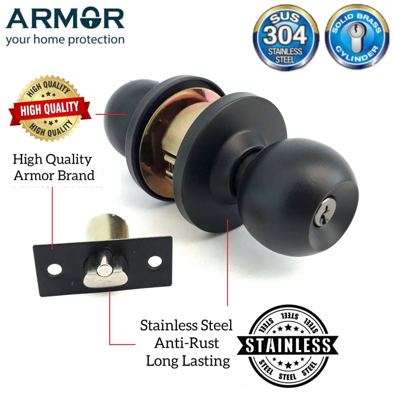 ARMOR HEAVY DUTY STAINLESS STEEL MATT BLACK CYLINDRICAL LOCK DOOR LOCK