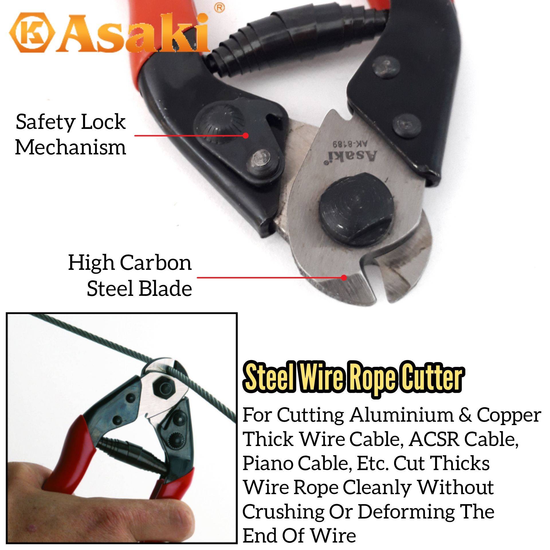 ASAKI 8" HEAVY DUTY STEEL WIRE ROPE CUTTER TOOL FOR CUTTING STEEL WIRE