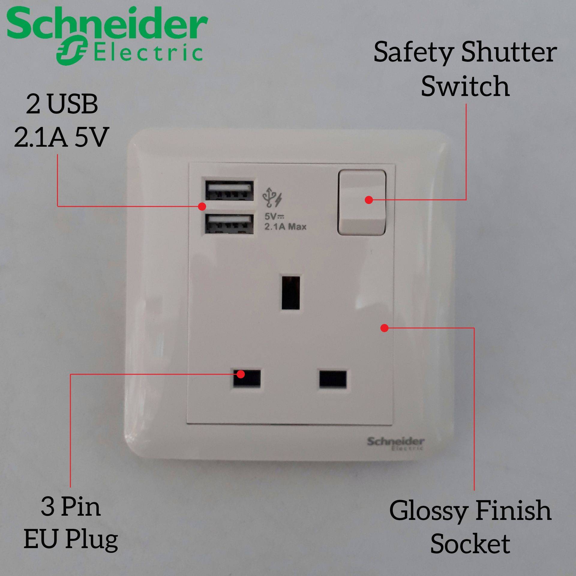 SCHNEIDER 13A 1 GANG SWITCH SOCKET WITH 2.1A USB FOR HOUSE ELECTRICAL