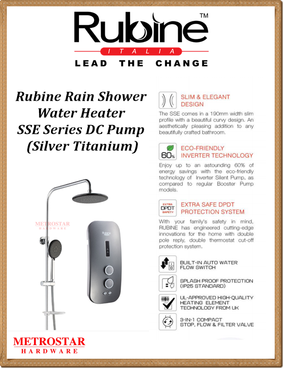 Rubine Rain Shower Water Heater SSE Series DC Pump (Silver Titanium)