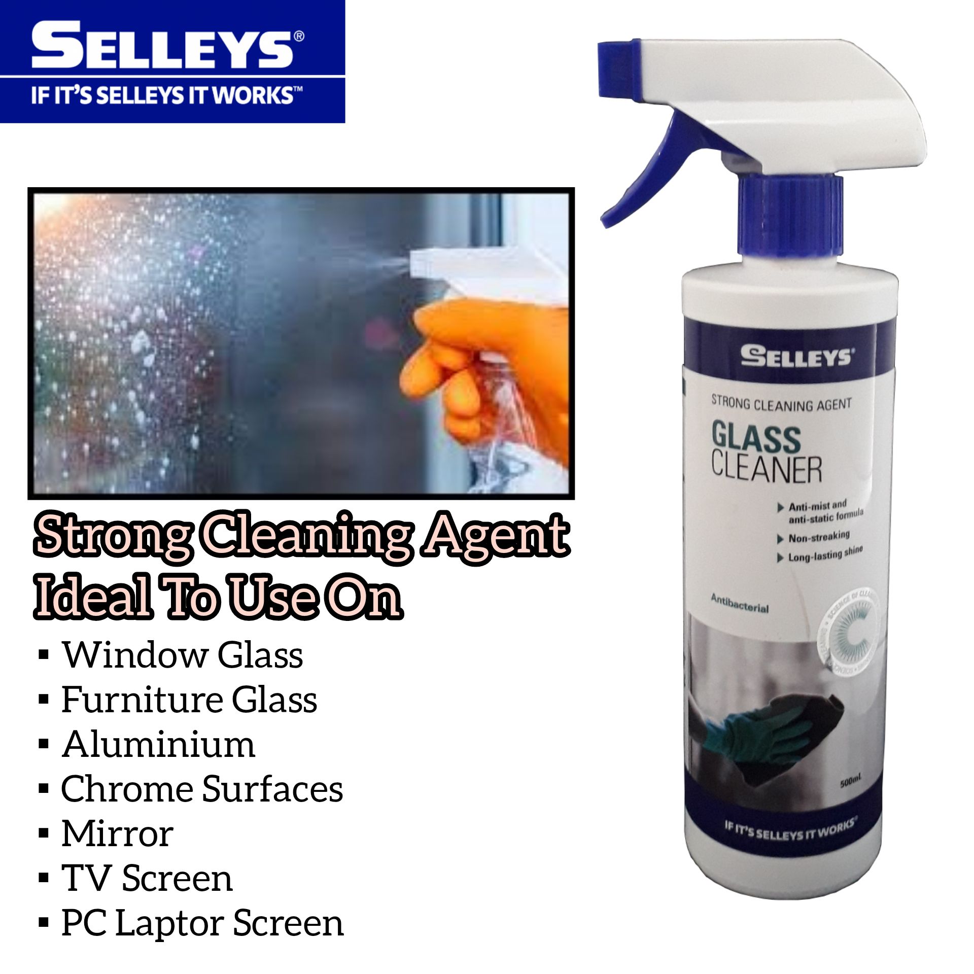 SELLEYS GLASS CLEANER 500ML FOR CLEANING GLASS, MIRRORS AND ALUMINIUM