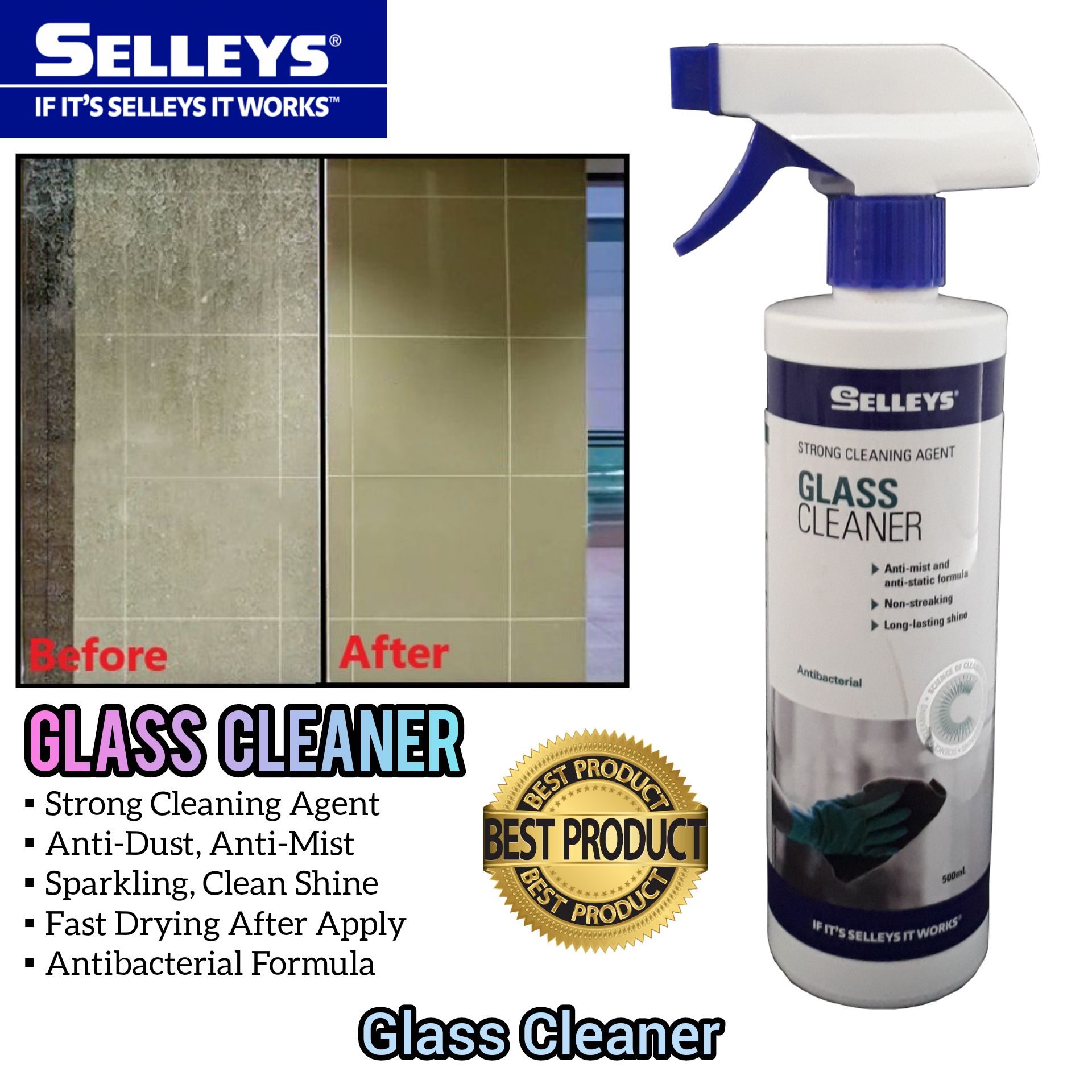 SELLEYS GLASS CLEANER 500ML FOR CLEANING GLASS, MIRRORS AND ALUMINIUM