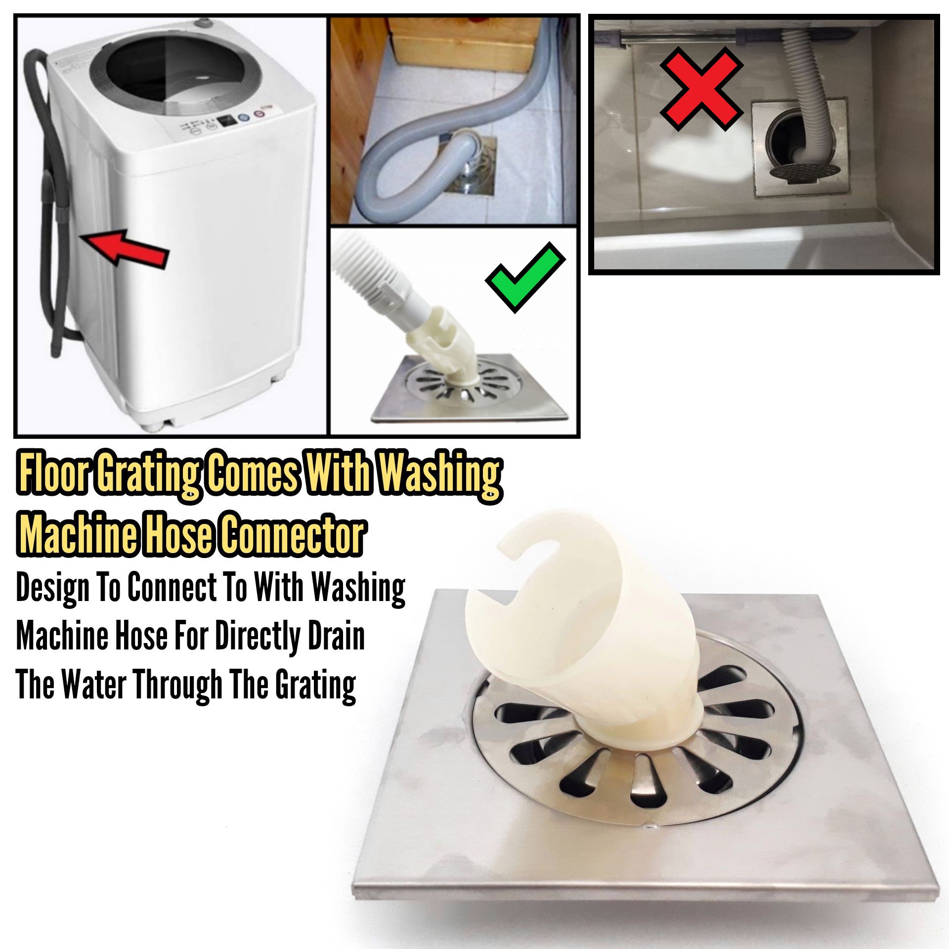 6INCH X 6INCH STAINLESS STEEL FLOOR GRATING WITH WASHING MACHINE HOSE