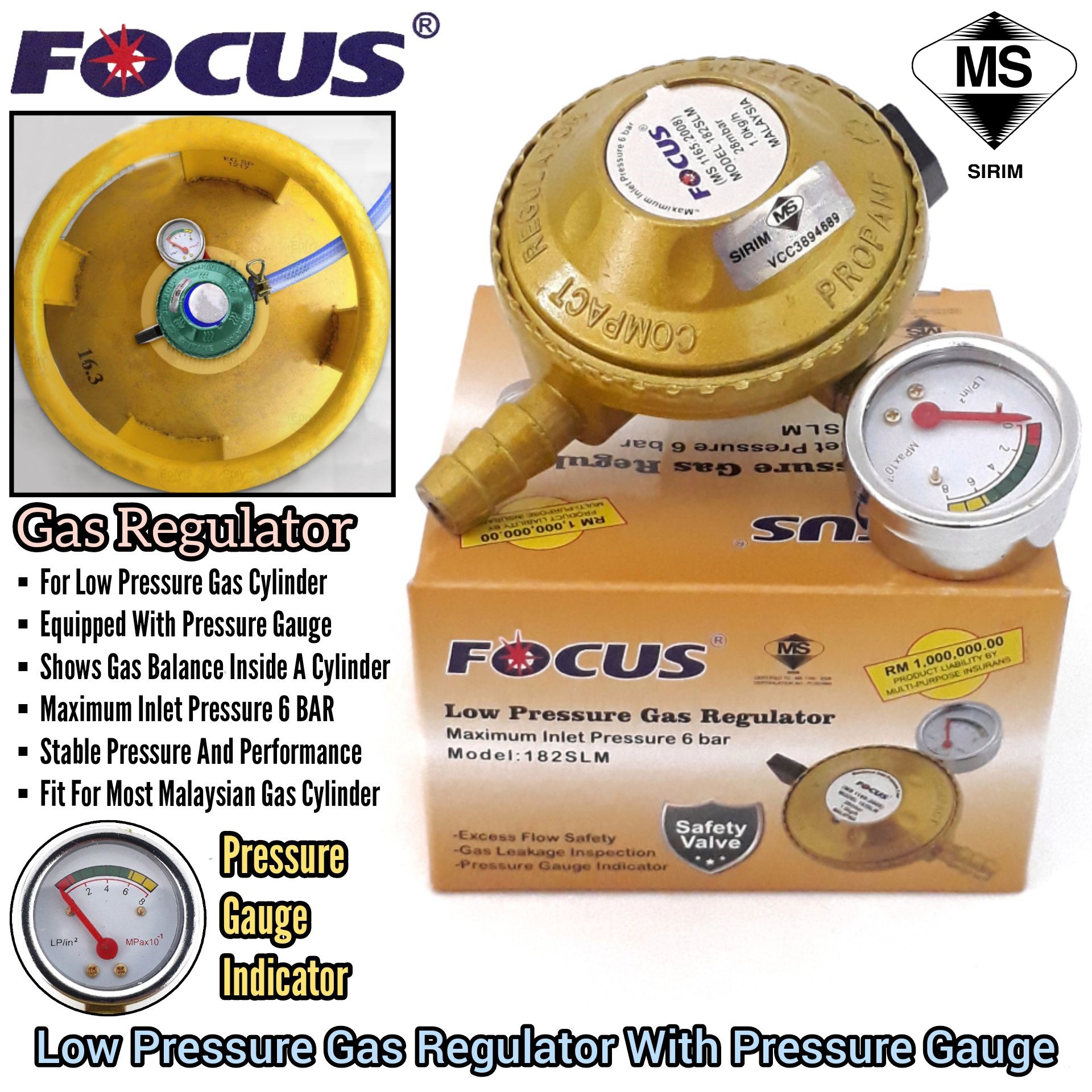 FOCUS LOW PRESSURE GAS REGULATOR WITH PRESSURE GAUGE INDICATOR