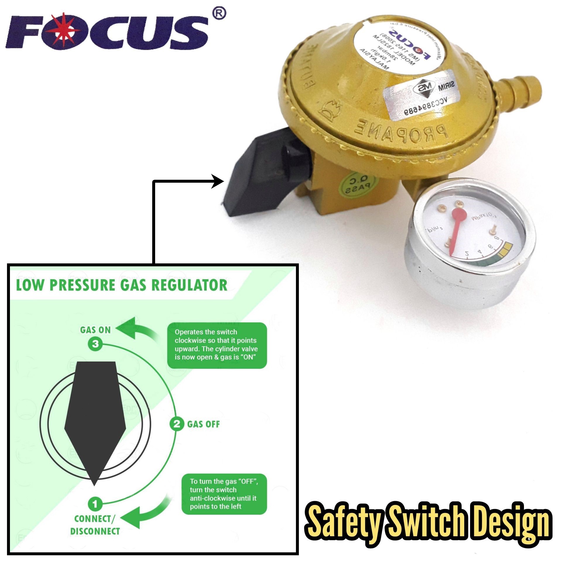 FOCUS LOW PRESSURE GAS REGULATOR WITH PRESSURE GAUGE INDICATOR