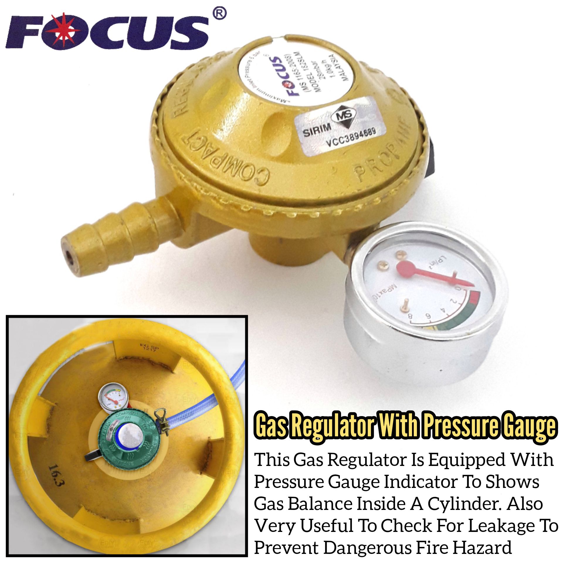 FOCUS LOW PRESSURE GAS REGULATOR WITH PRESSURE GAUGE INDICATOR
